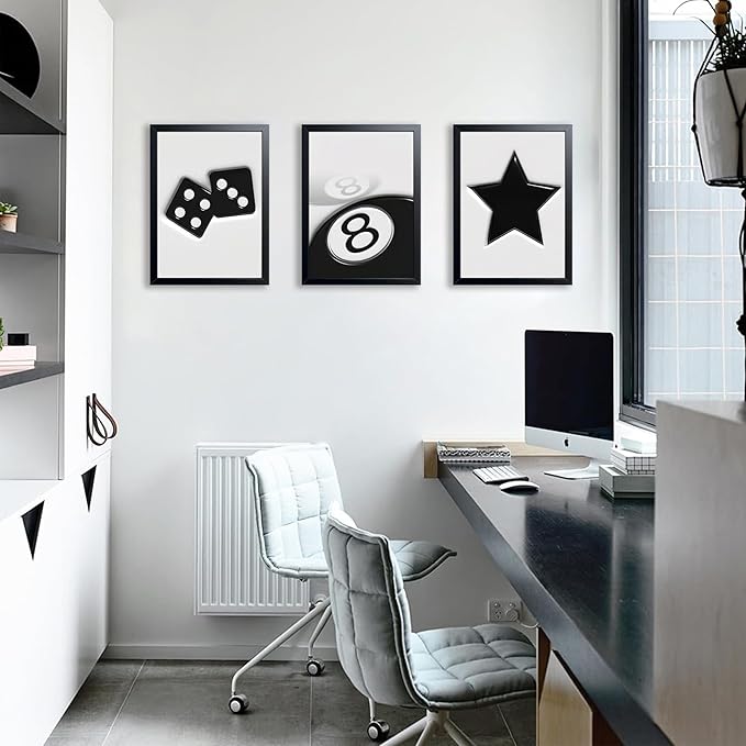 Black And White Wall Art Set of 3, Vintage Y2k Dice 8 Ball Canvas Prints Painting, Funky Lucky Preppy Posters Pictures For Game Room Apartment Dorm Teenager Room Wall Decor 12x16 Inch Framed