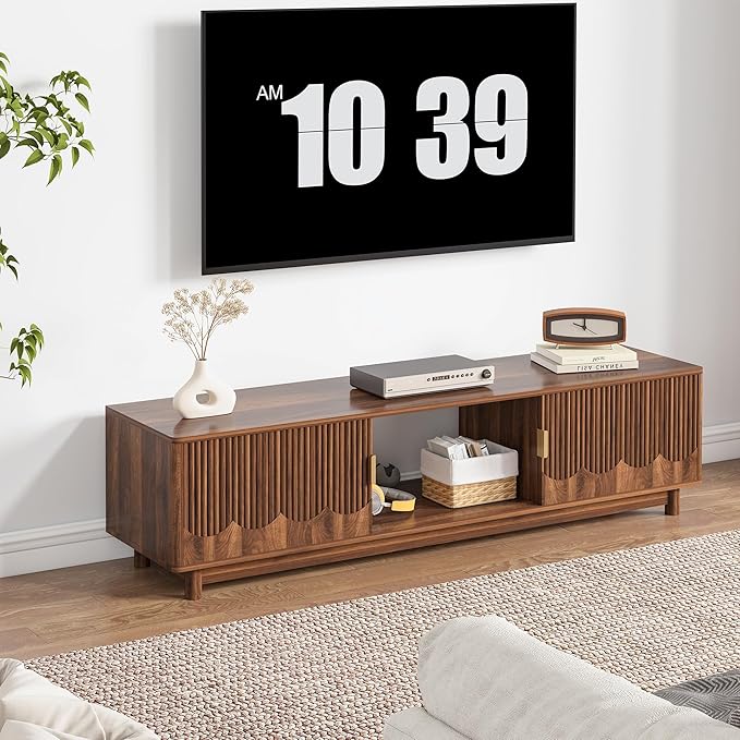 FurSch 62.2” Fluted TV Stand Low Profile, Mid Century Modern TV Stand with Storage for Bedroom Living Room, Curved Media Console for 50 55 60 65 70 Inch TVs (Walnut)