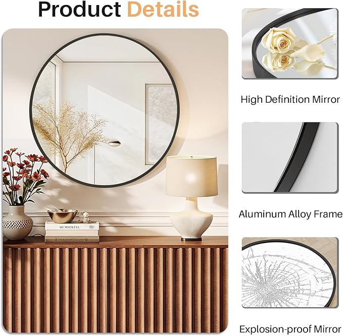 Bathroom Mirror for Wall, 20 Inch Round Mirror, Matte Black Metal Framed Circle Vanity Mirror for Bathroom Bedroom Living Room Entryway, Anti-Rust, Tempered Glass, Hanging or Leaning