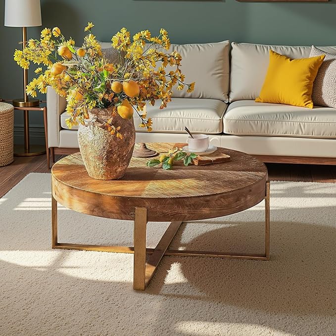 Round Wood Coffee Table for Living Room - Circle Wooden Coffee Table with Gold Metal Legs, Rustic, Vintage, Easy Assembly(Espresso,32.28" D x 32.28" W x 17.72" H)