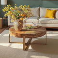 Round Wood Coffee Table for Living Room - Circle Wooden Coffee Table with Gold Metal Legs, Rustic, Vintage, Easy Assembly(Espresso,32.28" D x 32.28" W x 17.72" H)
