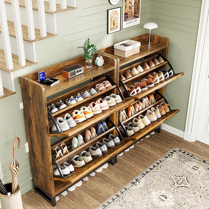 GRUSIGN Shoe Cabinet, Shoe Storage Cabinet with 2 Flip Drawers & Adjustable Shelf, Space-Saving Shoe Organizer – Holds 12+ Pairs, Narrow Shoe Cabinet Storage for Entryway/Hallway（Brown）