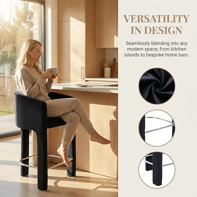 HNY Modern Counter Height Bar Stools, 26”H Barrel Counter Stools for Kitchen Counter, Velvet Upholstered Barstools with Back and Armrest for Kitchen Island,Home Bar, Black