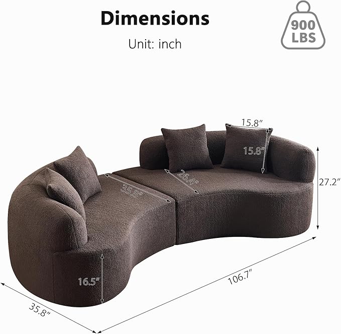 106.7" Modern Curved Oversized Sectional Sofa, Minimalist Modular Cloud Couch with 4 Throw Pillows, Luxury 4-Seater Extra Deep & Wide Seat Sofa in Soft Teddy Fabric, Dark Brown