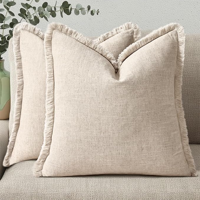 decorUhome Decorative Linen Fringe Throw Pillow Covers 18x18 Set of 2, Cozy Boho Farmhouse Cushion Cover with Tassels Soft Accent Pillowcase for Couch Sofa Bed Living Room, Ecru