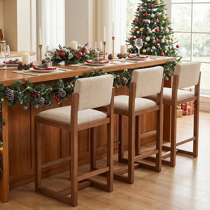 DUOMAY Modern Bar Stools Set of 4, 26" Counter Height Barstools, Linen Upholstered Kitchen Island Chair with Wood Legs for Home Bar Coffee Shop, Beige