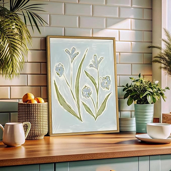 Blue Tulip Flower Wall Art Set of 2, Watercolor Floral Preppy Canvas Poster Prints, Modern Botanical Painting Aesthetic Picture for Living Room Bedroom Bathroom Apartment Wall Decor 16x24 Inch Framed