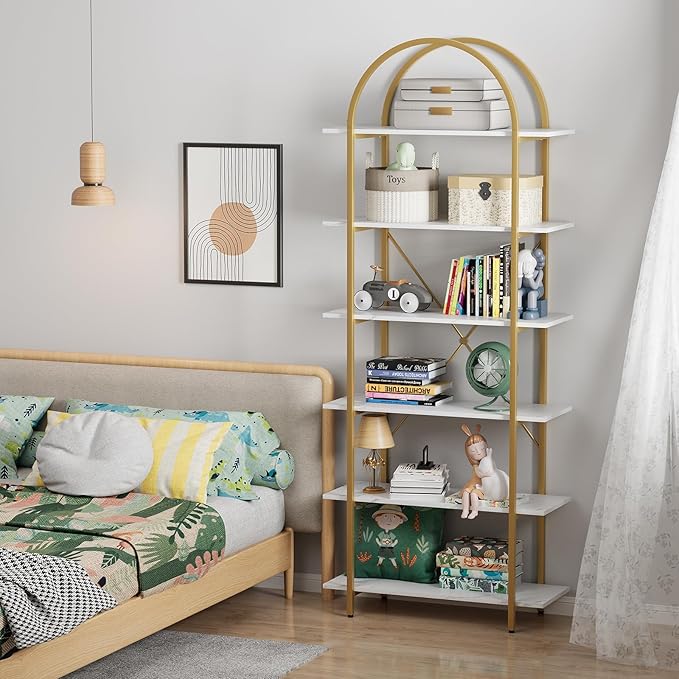 Arbuxzuy 6 Tier Bookshelf, 83" Tall Arched Bookcase, Tall Book Shelf with Metal Frame, Modern Display Standing Shelf for Living Room, Home Office, Bedroom, Gold