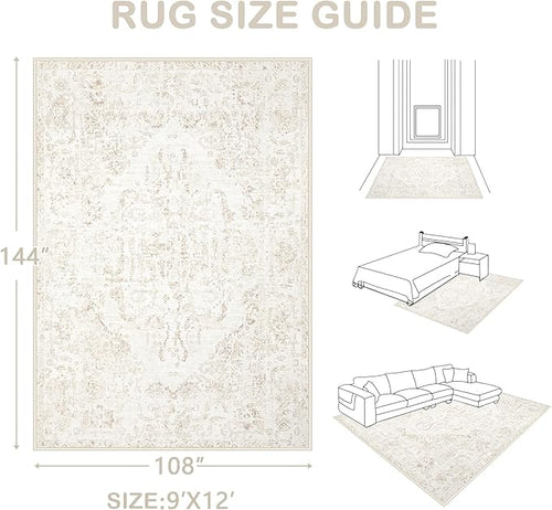 9x12 Area Rugs for Living Room:Washable Rug Vintage Large Rugs Soft Non Slip Low Pile Rug Floral Distressed Floor Carpet for Bedroom Dining Room Home Office (Beige,9'x12')