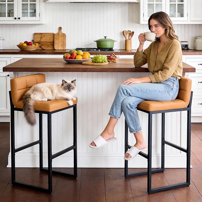 FIRAVOE Bar Height Bar Stools Set of 2, Tall Counter Stool Barstools with Back, 30-inch Seat Height Island Stools Comfortable Bar Chairs for Kitchen Island (Caramel Brown, 2Pcs 30" Bar Stools)