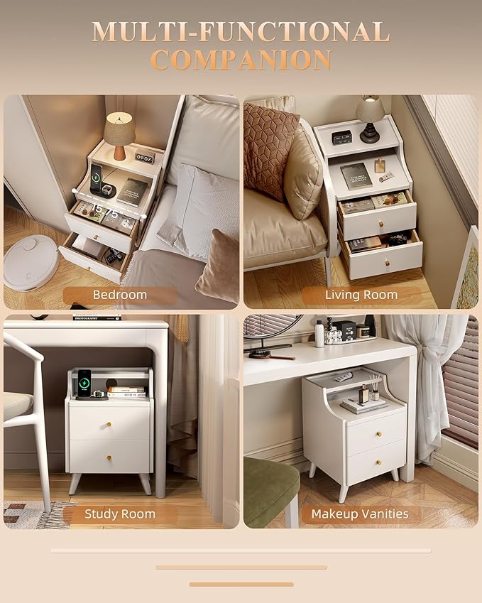 Narrow Nightstand with Drawers, 15.7" Slim Solid Wood Bedside Table with Open Shelf & Cable Hole, Modern Storage Side Table for Bedroom, Living Room, White