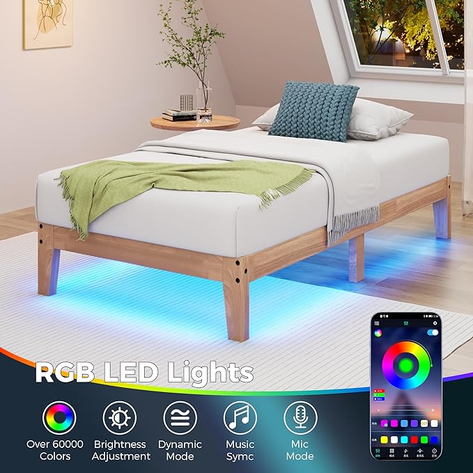 Awesofurni Twin XL Bed Frame with LED Lights, 12 Inch Solid Wood Platform Bed with Wooden Slats, Natural Finish, No Box Spring Needed, Noise Free - Easy Assembly