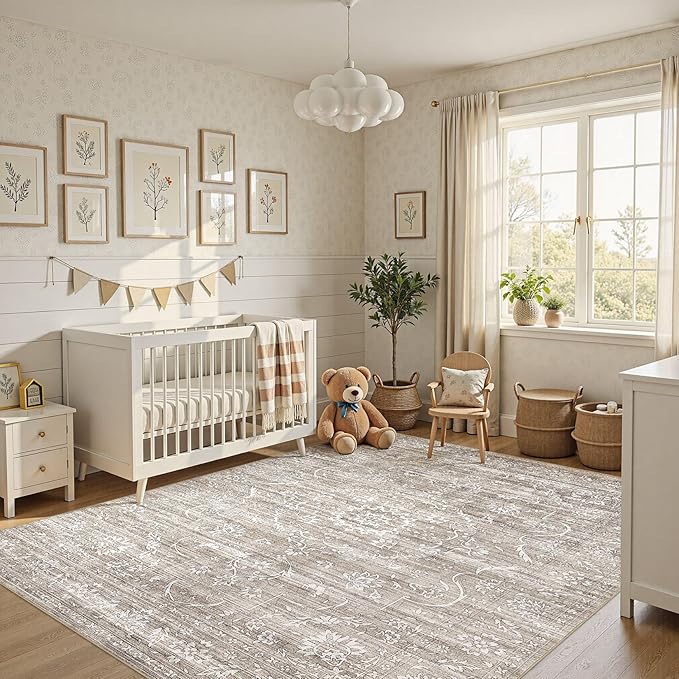 10x14 Area Rug Living Room: Washable Large Vintage Grey Rug Neutral Non-Slip Soft Stain Resistant Indoor Carpet for Bedroom Nursery Dining Room Under Table Bed Home House Office Playroom - Light brown