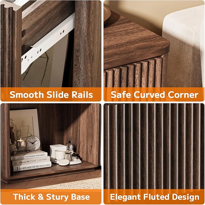 Modern Fluted Nightstand Set of 2 for Bedroom, Mid Century Bedside Table with Drawer & Open Shelf, Wood End Table, Farmhouse Night Stand for Home, Hallway, Office, Walnut