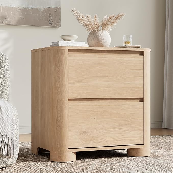 Nightstand with Charging Station, 23.6" Modern Night Stand with Unique Thickened Foot and 2 Storage Drawers, Bedside Table with Rounded Corner Design for Bedroom, Natural Oak