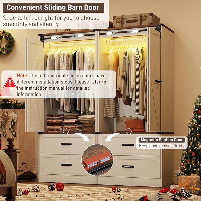 Farmhouse 2 Doors Armoire Wardrobe Closet w/Folding Sliding Barn Door and Lights, LED Armoire Closet w/Drawers for Bedroom, Freestanding Wooden Wardrobe Storage Closets w/Hanging Rod,Antique White