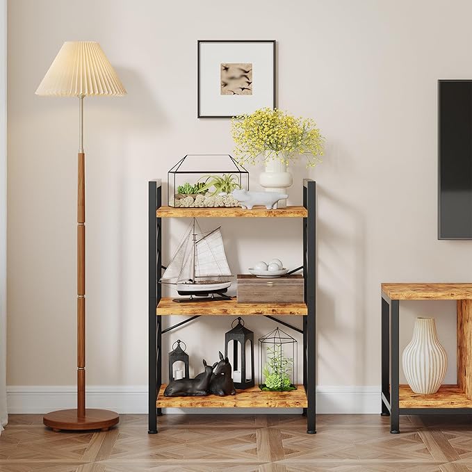 DurayLoly Book Shelf, 3 Tier Small Bookshelf, Industrial Bookcase with Metal Frame and Sidebars, Storage Shelves for Living Room, Bedroom, Home Office and Kitchen, Rustic Brown