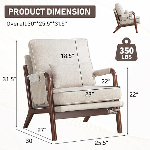 ANJ Mid Century Modern Accent Chair Set of 2, Lounge Reading Armchair with Extra Side Pocket & Detachable Cushion, Comfy Fabric Accent Chairs for Living Room, Bedroom,Beige