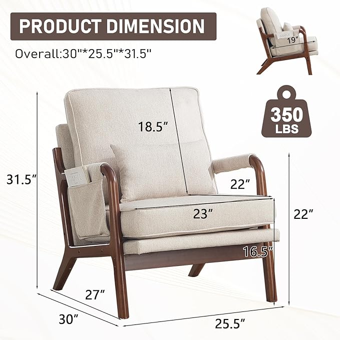 ANJ Mid Century Modern Accent Chair, Lounge Reading Armchair with Extra Side Pocket & Detachable Cushion, Comfy Fabric Accent Chairs for Living Room, Bedroom,Beige