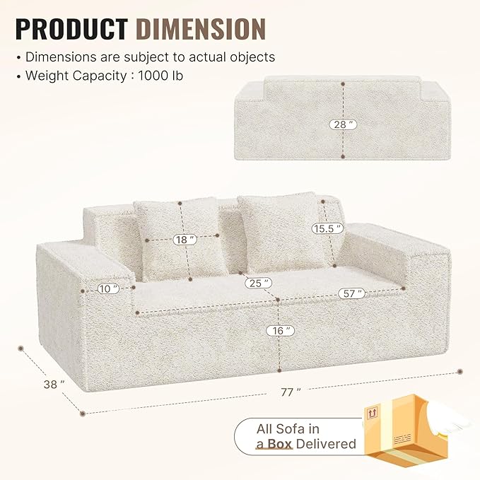 77'' Modern Cloud Loveseat Sofa in Chenille, Deep Seat Boneless Couches Includes 2 pcs Pillows for Living Room, Bedroom, Apartment(Beige)