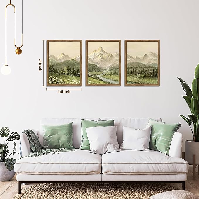 Framed Mountain Wall Art for Living Room, Green Nature Landscape Canvas Wall Decor Set of 3, Vintage Forest Rustic Farmhouse Prints Pictures Paintings for Office Bedroom 16x24 Inch