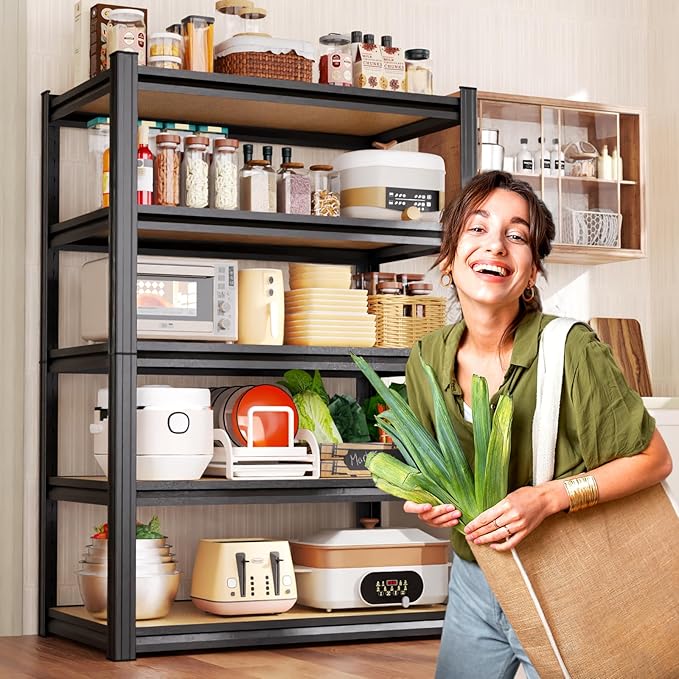 4 Pack Heavy Duty Garage Shelving - 1900 LBS Capacity 5-Tier Metal Storage Shelves, 71"H x 28"W x 12"D Adjustable Steel Utility Rack, Compact Storage Shelf for Pantry, Closet, Basement, Shed - Black