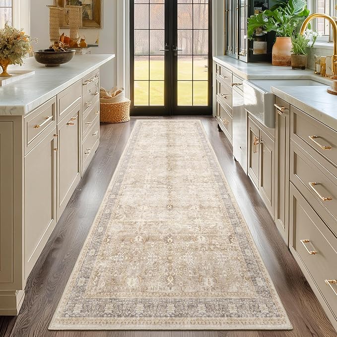 Neutral 2'6''x8' Kitchen Runner Rug, Vintage Printed Runners for Hallways Non Slip Washable, Low Pile Thin Entryway Runner Rug Indoor Foyer Mudroom Bathroom Bedroom, Earth Tone Beige Taupe