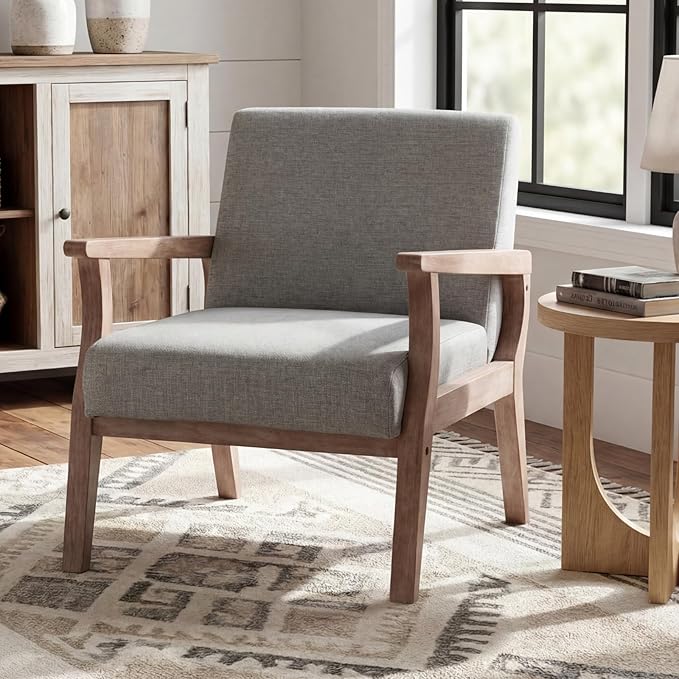 BESTANO Mid Century Modern Accent Chair, Linen Upholstered Living Room Armchair with Wood Frame, Farmhouse Chair for Living Room Bedroom, Gray