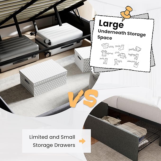 SHA CERLIN King Size Lift Up Storage Bed/Modern Wingback Headboard/Upholstered Platform Bed Frame/Hydraulic Storage/No Box Spring Needed/Wood Slats Support/Grey Blue