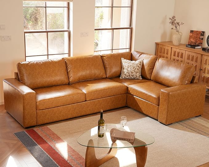 ELUCHANG 113" V-Shaped Modular Sectional Sofa Couch, Modern 4-Seat Premium Faux Leather Deep Seat Sofa with Corner, Removable Cover, Easy Assembly, Large Sofas & Couches for Living Room, Office, Brown | Spring Cushions, Easy to Clean