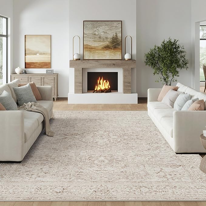 FMFUNCTEX 10x14 Washable Area Rug Beige Vintage Neutral Distressed Oriental Large Non Slip Carpet for Living Room Bedroom Soft Low Pile Indoor Mat Retro Rug for Dining Room Kitchen Office Nursery