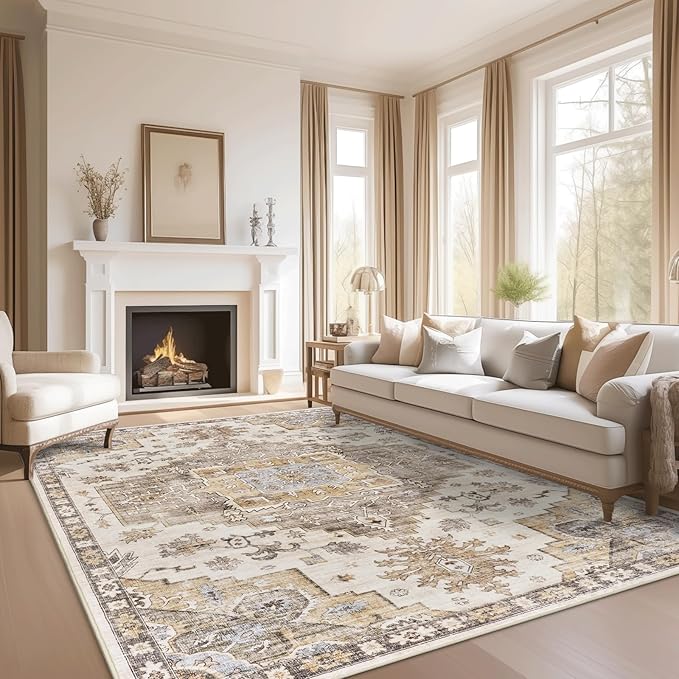befbee 5x7 Area Rugs for Living Room, Stain Resistant Neutral Washable Rugs for Dining Rooms, Floral Vintage Non-Slip Thin Large Size Area Rug(Brown)