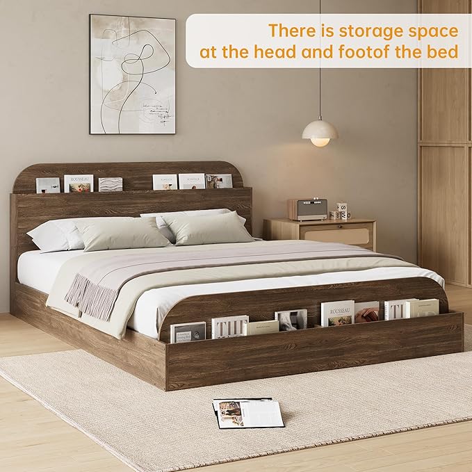 GarveeHome Full Size Bed Frame, Wooden Beds with Storage Headboard and Raised-Foodboard, Full-Floor Low Platform Bed for Bedroom, Sturdy Wooden Slats Support, No Box Spring Needed, Walnut