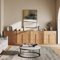 BELLEZE Sideboard Cabinet with 3 Drawers, Set of 4 Modern Wood Buffet Cabinet with Arc Design, Large Fluted Sideboard with Storage for Dining Room Living Room Entryway, Camel