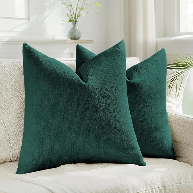 HAUSSY Teal Throw Pillow Covers 18x18 Inch Set of 2,Boho Decorative Faux Linen Throw Pillows Cozy Farmhouse Accent Cushion Covers,Home Decor for Couch Sofa Bed Living Room