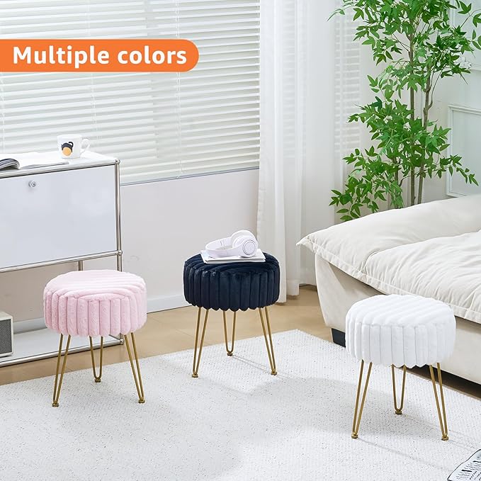 Vanity Stool,Faux Fur Ottoman Foot Stool, Dressing Table Seat with Metal Leg Vanity Chair for Bedroom, Living Room, Entryway, Offices