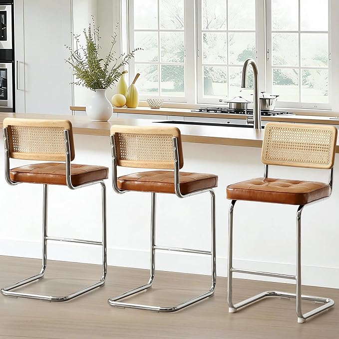 Zesthouse Natural Rattan Counter Stools Set of 3, 26" Mid Century Modern Bar Stools with Solid Wood Frame & Chrome Base, Upholstered Faux Leather Counter Height Barstools for Kitchen Island, Brown
