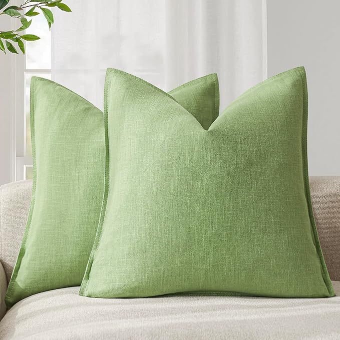 Foindtower Pack of 2, Decorative Linen Soild Throw Pillow Covers Soft Accent Euro Cushion Case Boho Farmhouse Pillowcase for Chair Couch Sofa Bedroom Living Room Home Decor 24 x 24 Inch Lime Green