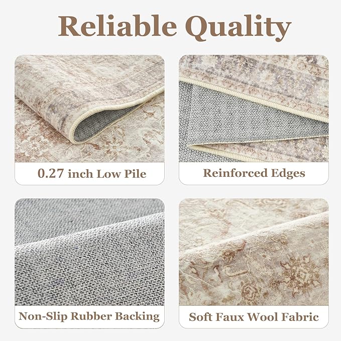 Vintage Neutral 7x9 Rugs for Bedroom, Washable Non Slip Low Pile Thin Area Rug for Living Room Dining Room, Farmhouse Carpet Rug for Playroom Guest Room Home Office, Earth Tone Beige Taupe