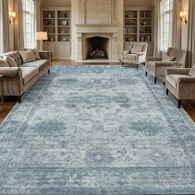 Homemate Washable Rug 9x12 Area Rugs - Vintage Faux Wool Rugs for Living Room Bedroom Dining Room - Non Slip Foldable Carpet Indoor Area Rug for Home Decor（9'x12', Blue
