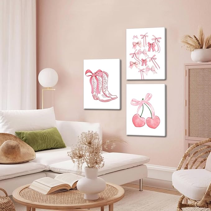 Fashion Pink Bows Wall Art Set of 3, Preppy Watercolor Cherry Cowboy Boots Wall Decor Posters, Cute Aesthetic Room Decor Canvas Prints Picture for College Girl Apartment Bedroom 16x24 Inch Framed