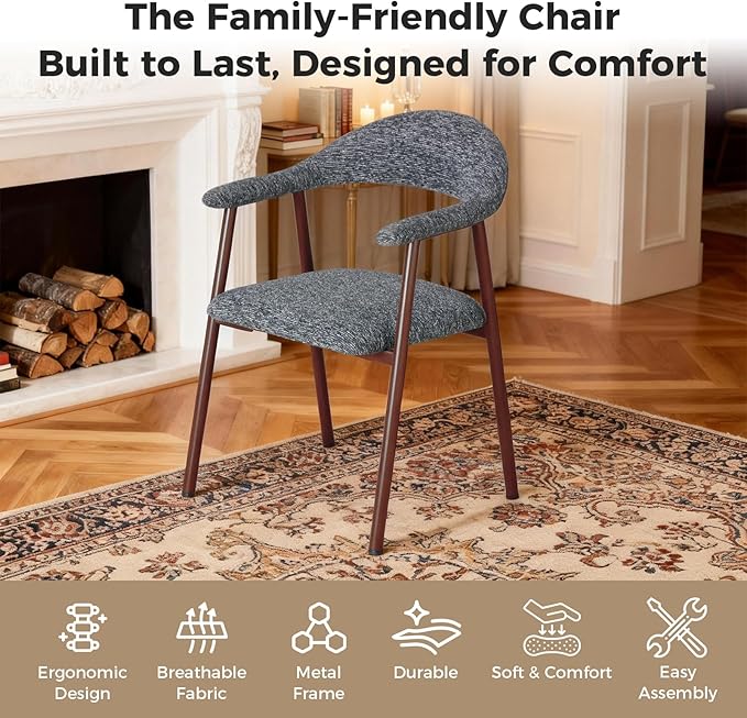 DUMOS Dining Chairs Set of 2, Linen Fabric Upholstered Kitchen Side Chairs with Curved Backrest & Metal Legs, Modern Farmhouse Accent Chairs for Dining Room Kitchen Living Room Cafe, Gray