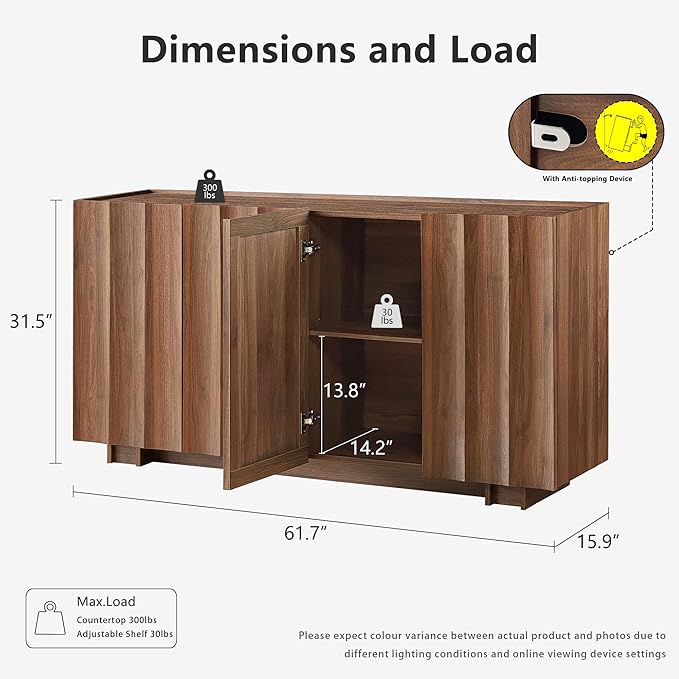 win2win Buffet Cabinet with Storage, Mid Century Modern Sideboard with Wave Design, Wood Grain Finish, Credenza with Adjustable Shelves, Modular Cabinets for Living Dining Room Hallway, Walnut