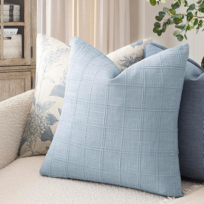 Foindtower Set of 2 Decorative Linen Check Throw Pillow Covers Neutral Farmhouse Vintage Cushion Covers Modern Boho Accent Home Decor for Sofa Chair Couch Bedroom Living Room,24×24 Inch,Sky Blue