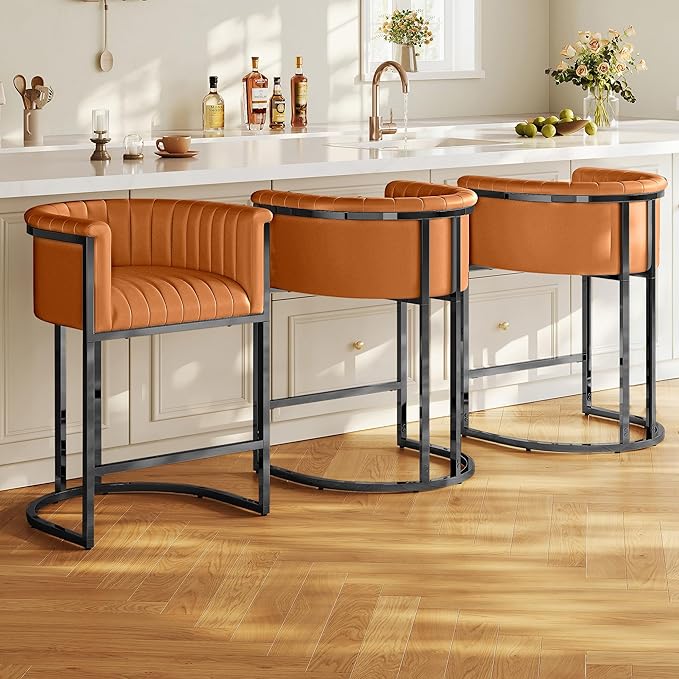 Modern Counter Height Bar Stools,Bar Stools Set of 3,PU Leather Upholstered Barrel Barstools with Backs and Arms,26" Kitchen Island Chairs,Metal Black Frames,Camel Brown Leather