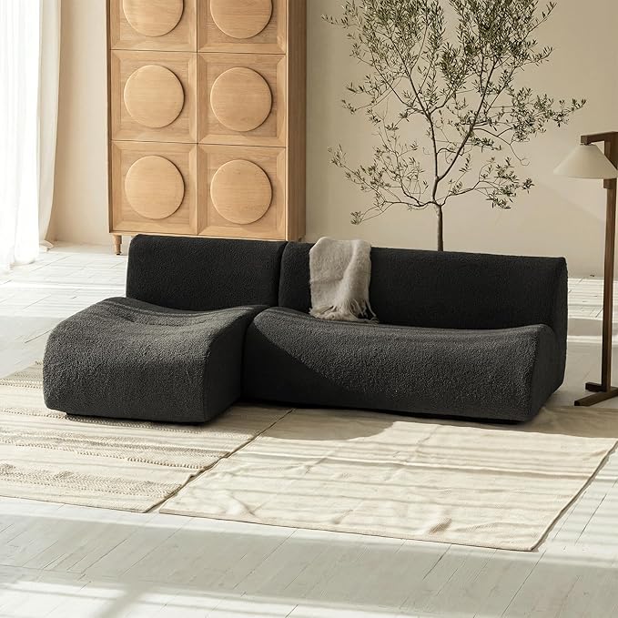 Boneless 3 Seater Sofa with Chaise Set, 92" Modular Sectional Couch, Reversible L-Shaped Couches with Deep Seat, Grey Curved Sherpa Sofas for Small Living Room, Bedroom, Apartment– No Assembly