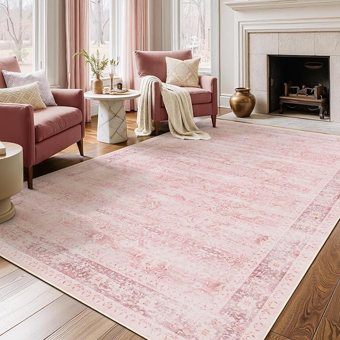 5x7 Pink Rug for Nursery, Thin Washable Rugs for Kids Room Playroom, Distressed Aesthetic Area Rugs for Bedroom Girls Dorm Romantic, Non Slip Carpet Rug for Living Room Dining Room Home Office