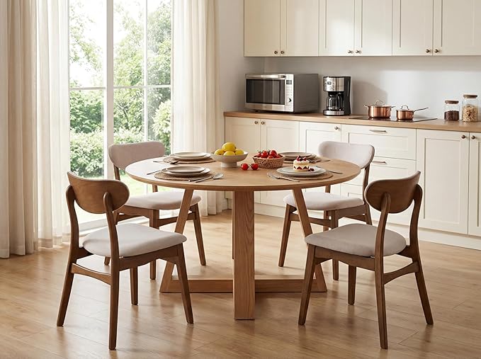 Wooden Dining Chairs Set of 8 - Farmhouse Fabric Upholstered Kitchen Chairs with Curved Back, Solid Wood Mid-Century Modern Side Chair for Dining Room, Beige & Walnut