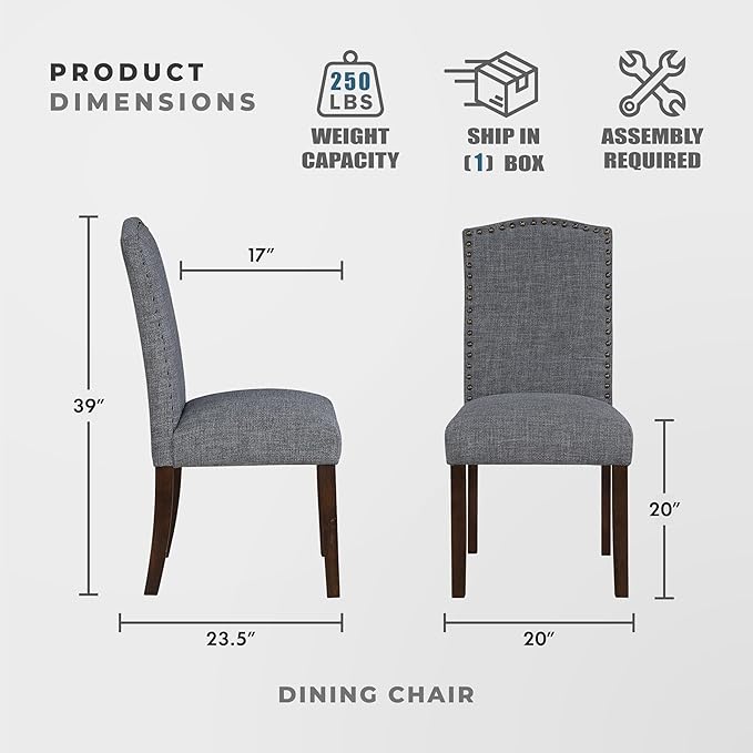 Lexicon Upholstered Dining Chairs Set of 2 - Soft Durable Fabric Armless Arched Back Kitchen Modern Dining Room Chairs for 2, Nailhead Trim Side, Brown Sturdy Wooden Frame, Easy Assembly, Gray