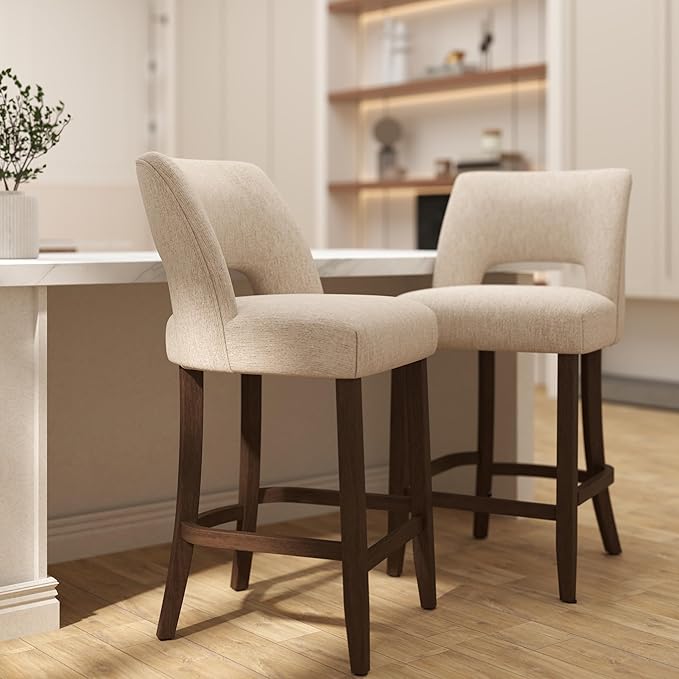 VKNOW Bar Stools Set of 4,Upholstered Counter Height Bar Stools,Modern Counter Stools with Wood Legs for Kitchen Island Dining Room Bar,White